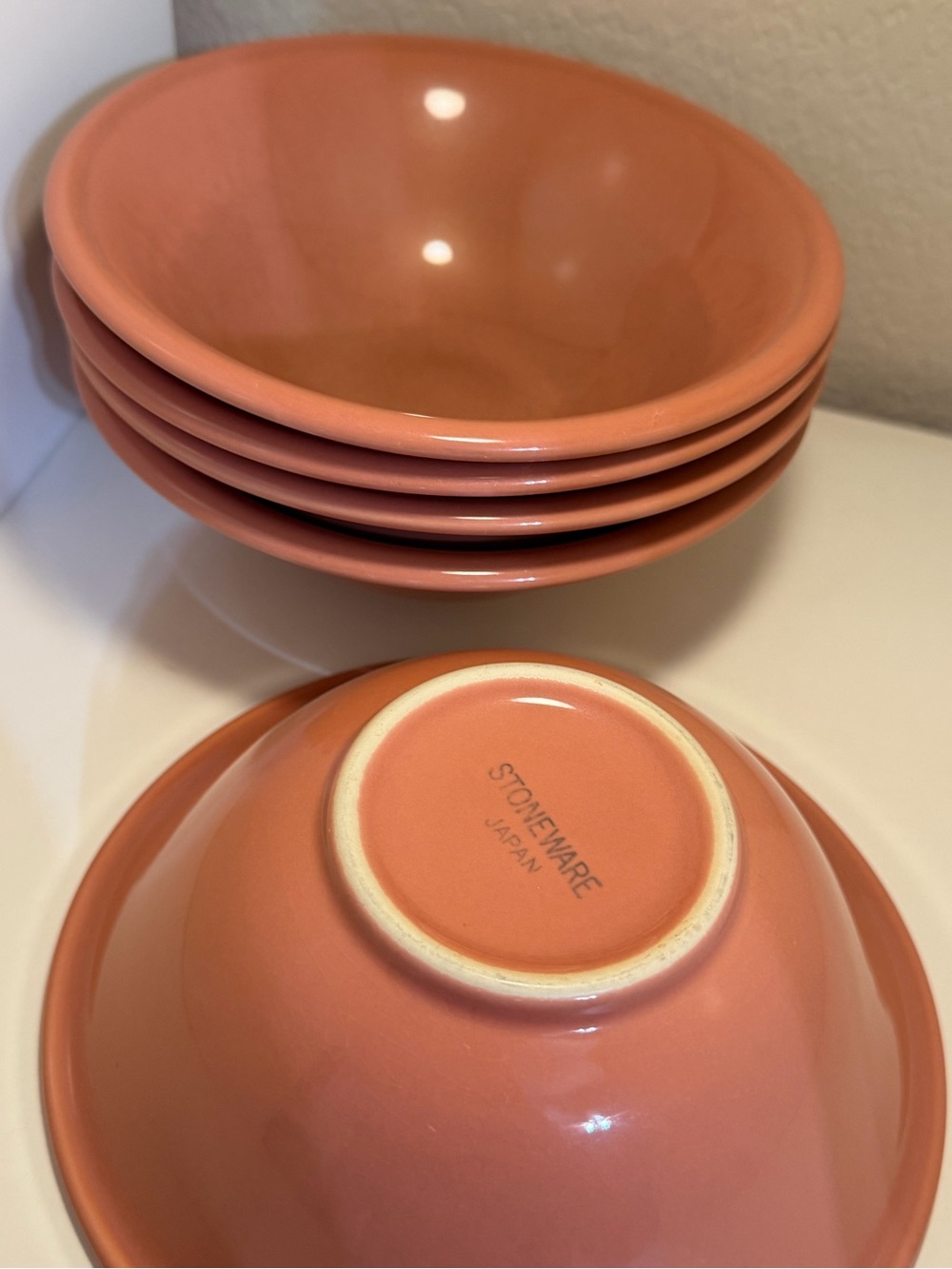 Vintage MCM Coral Pink Stoneware Bowls Set of 5 Japan
